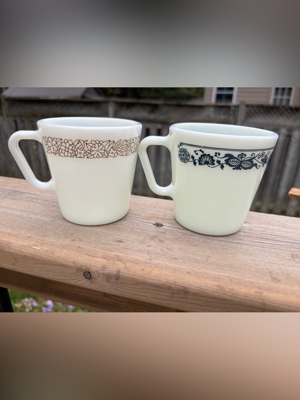 Vintage Pyrex #1410 Milk Glass Mugs Set of 2 - Woodland & Old Town Blue